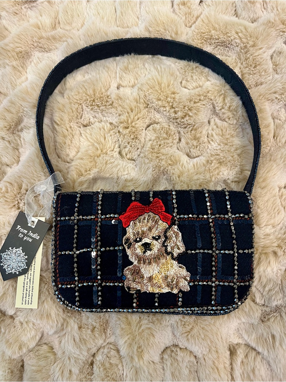 Embellished Yorkie Puppy Red Bow Beaded Shoulder Bag NWT